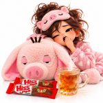 ست هدیه صبح بخیر خوابالو؛ عروسک خوک پولیشی با لیوان چای و شکلات هیس16