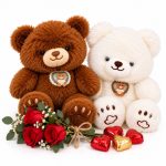 ست هدیه ولنتاین دو خرس با گل رز قرمز و شکلات قلبی15 - تصویر 2