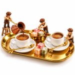 ست سرو قهوه ترک دو نفره با فنجان ۶۰ میل، سینی استیل طلایی و کاسه لوکوم